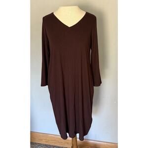 Eileen Fisher Dress Sz SP Brown Midi Jersey 3/4‎ Sleeve Lagenlook Capsule Basic